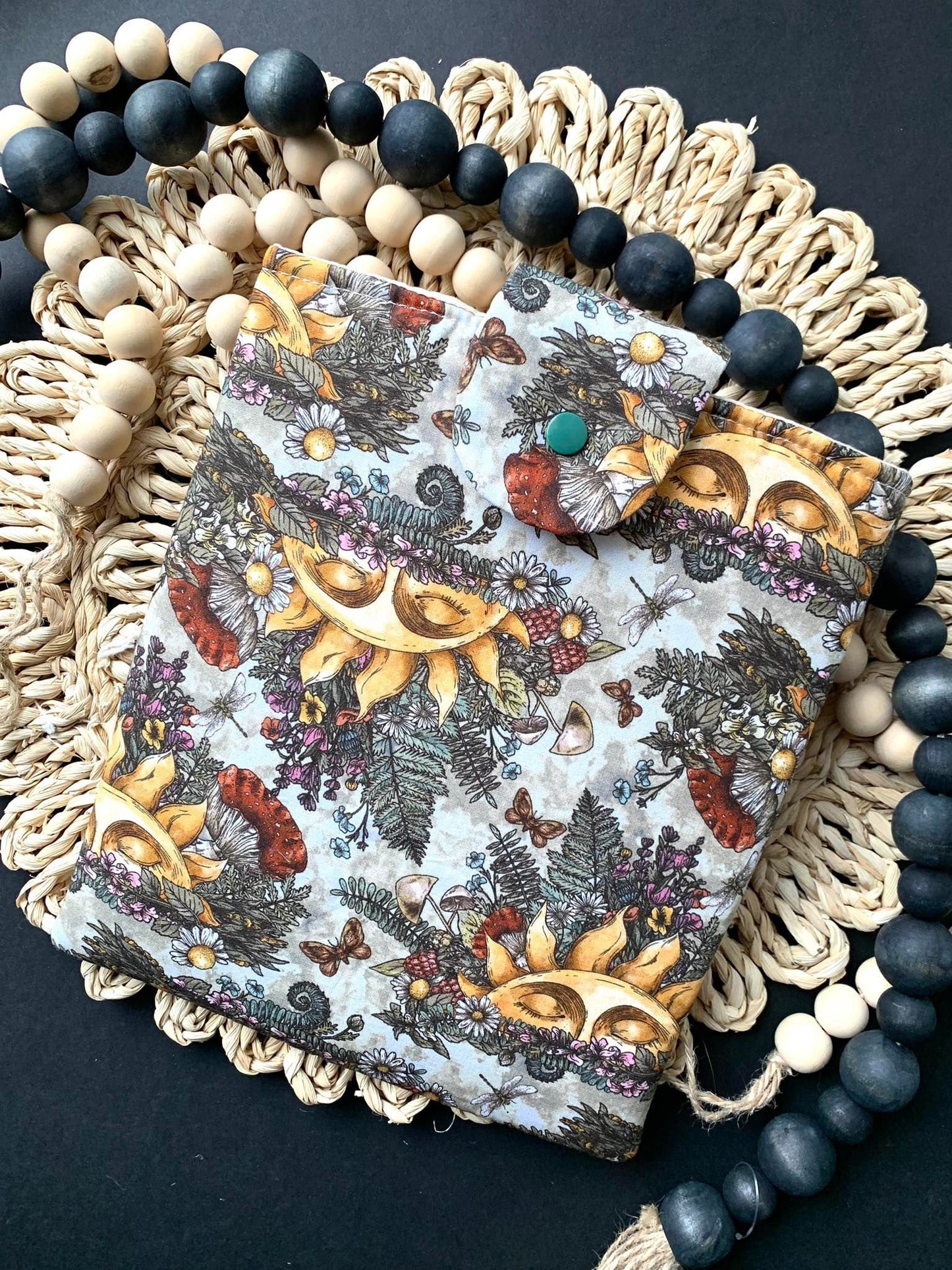Book Sleeve, Sleeping Sun Boho Tablet Novelty Handmade Padded Protective Sleeve Lined Collector's Item Artisan Hardcover Vivid Fabric Gift