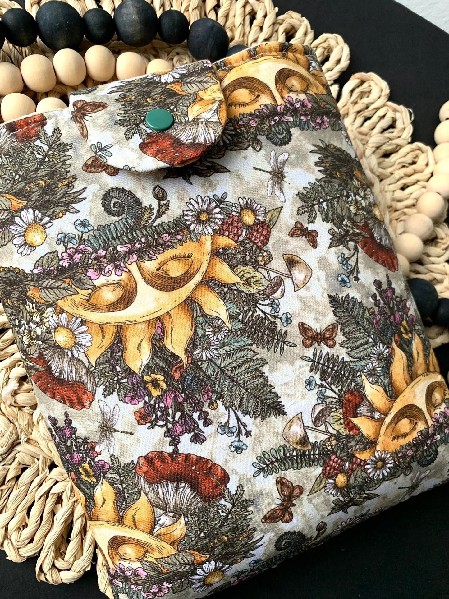 Book Sleeve, Sleeping Sun Boho Tablet Novelty Handmade Padded Protective Sleeve Lined Collector's Item Artisan Hardcover Vivid Fabric Gift