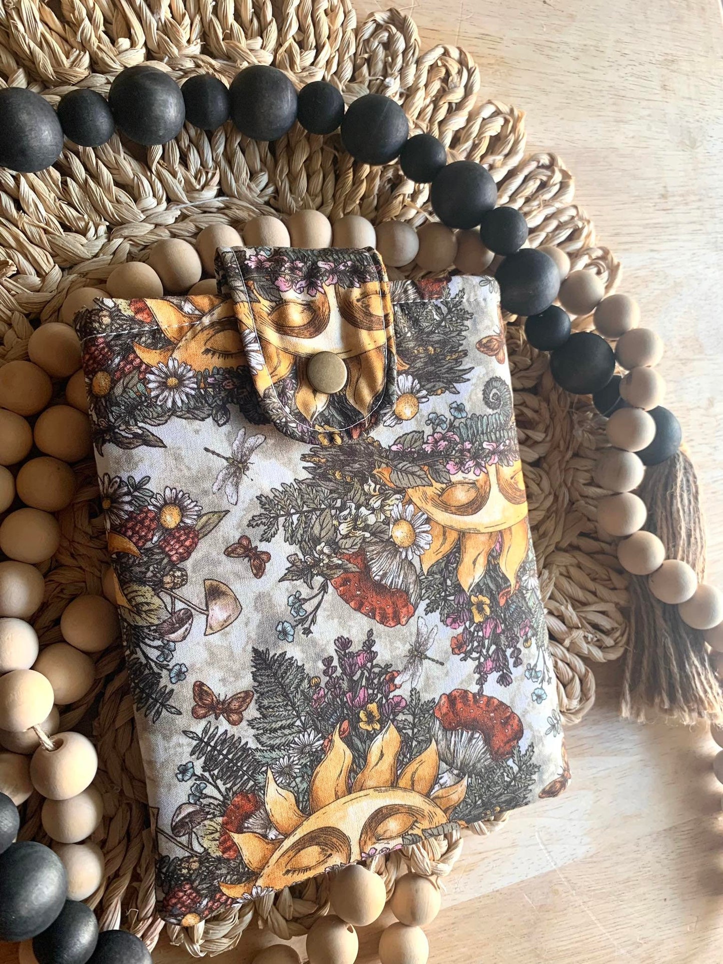Book Sleeve, Sleeping Sun Boho Tablet Novelty Handmade Padded Protective Sleeve Lined Collector's Item Artisan Hardcover Vivid Fabric Gift