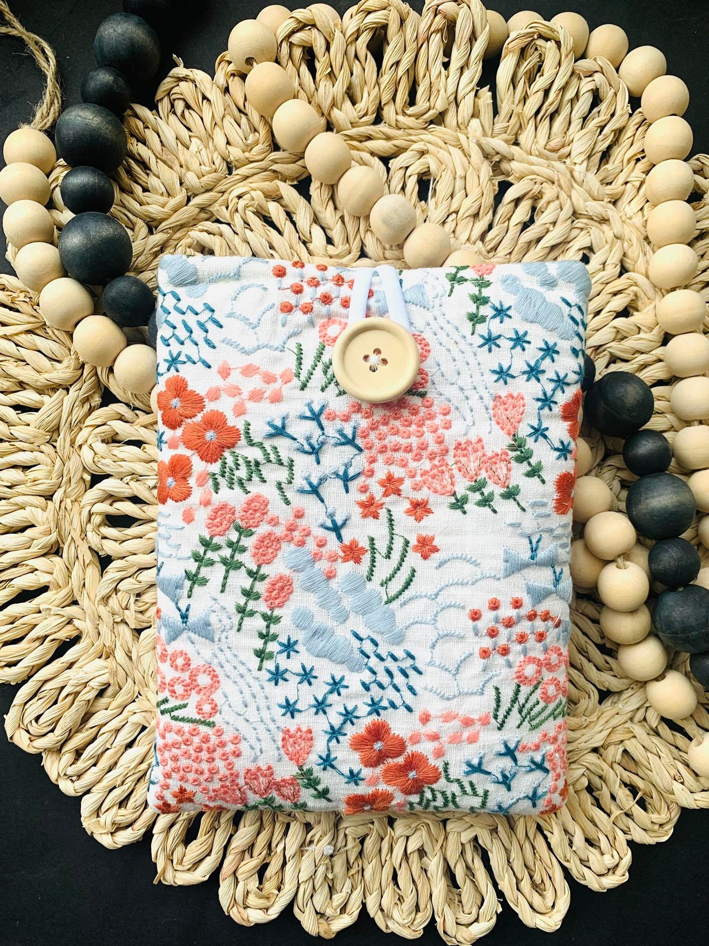 Kindle Nook Sleeve, Blue Pink Floral Embroidered Protective eReader Cover Button Snap Closure Soft Custom Fit Handmade Stitched Pouch