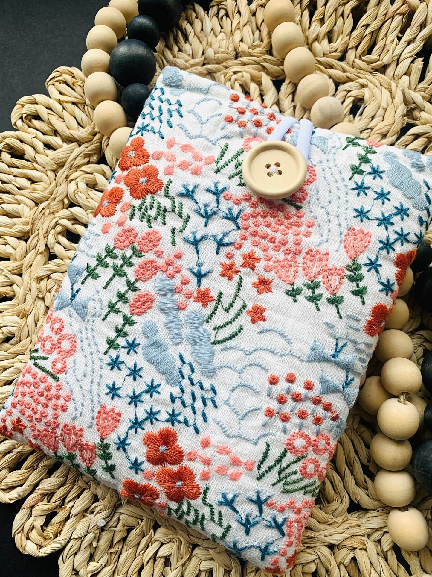 Kindle Nook Sleeve, Blue Pink Floral Embroidered Protective eReader Cover Button Snap Closure Soft Custom Fit Handmade Stitched Pouch