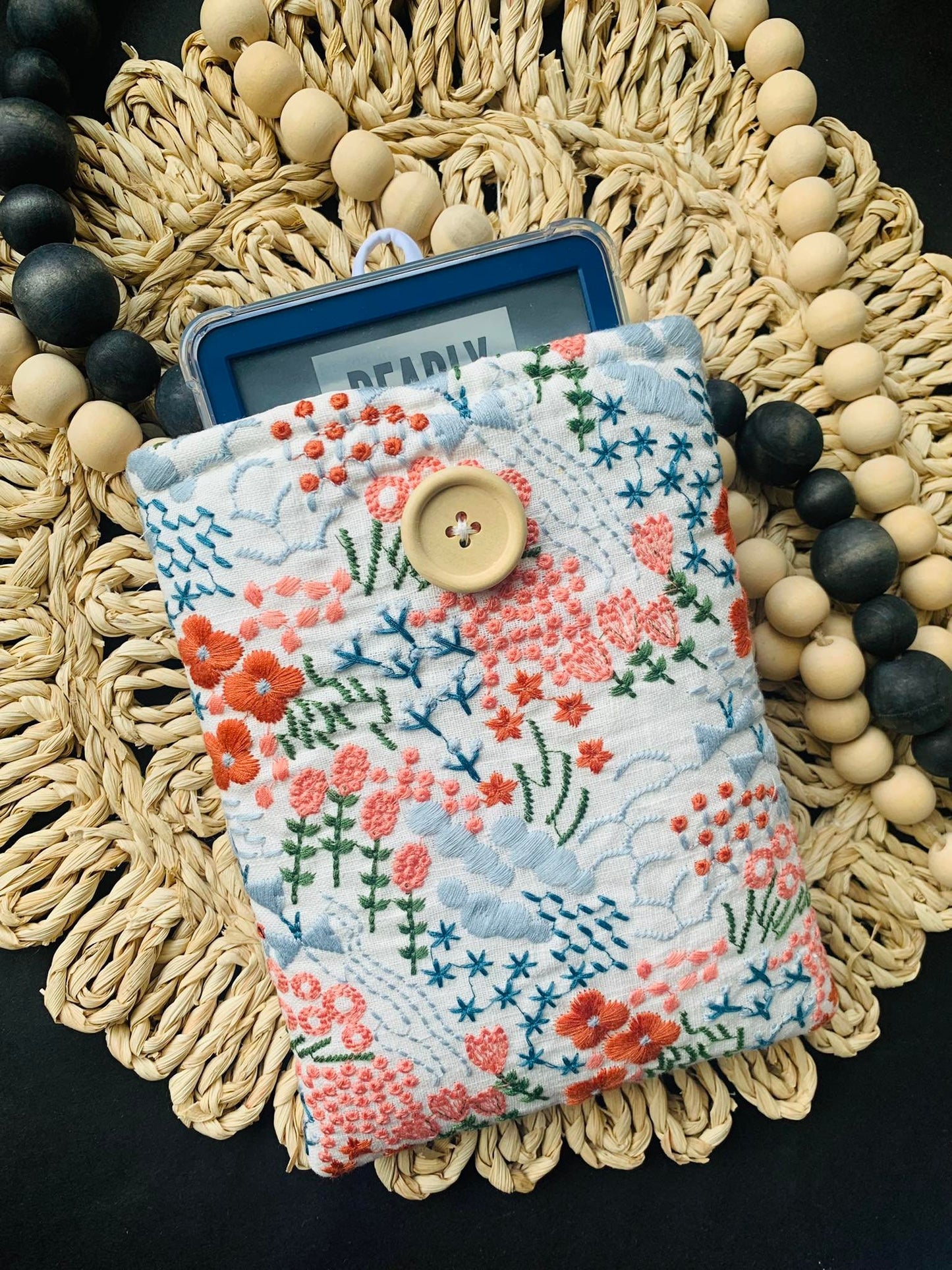 Kindle Nook Sleeve, Blue Pink Floral Embroidered Protective eReader Cover Button Snap Closure Soft Custom Fit Handmade Stitched Pouch