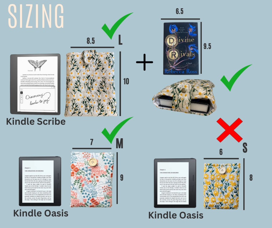 Kindle Nook Sleeve, Blue Pink Floral Embroidered Protective eReader Cover Button Snap Closure Soft Custom Fit Handmade Stitched Pouch